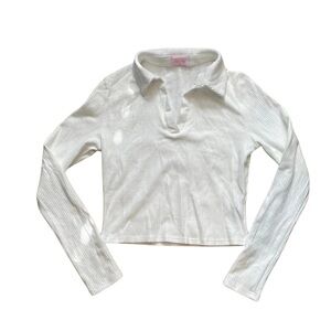 Pink Lily White Long Sleeve Collared Vneck Cotton Top Size Medium